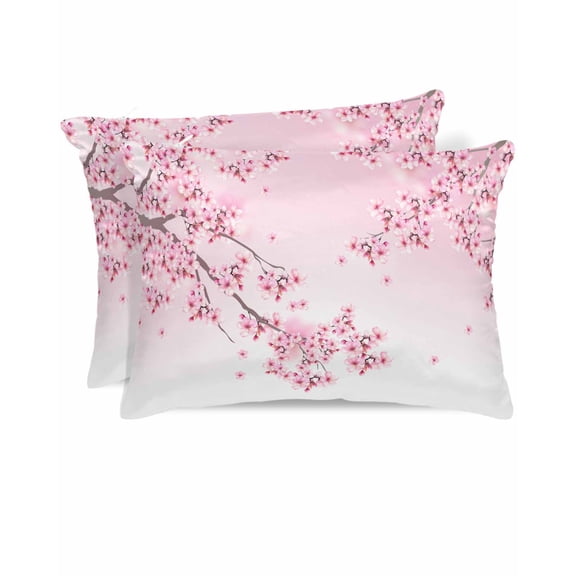 Hokiten King Size Pillow Cases Set of 2, Pillow Covers for Bed, Pink Flowers Satin Pillowcases with Zipper for Hair/Skin, Spring Botanical Floral Branches Gradient 20x36 Inches