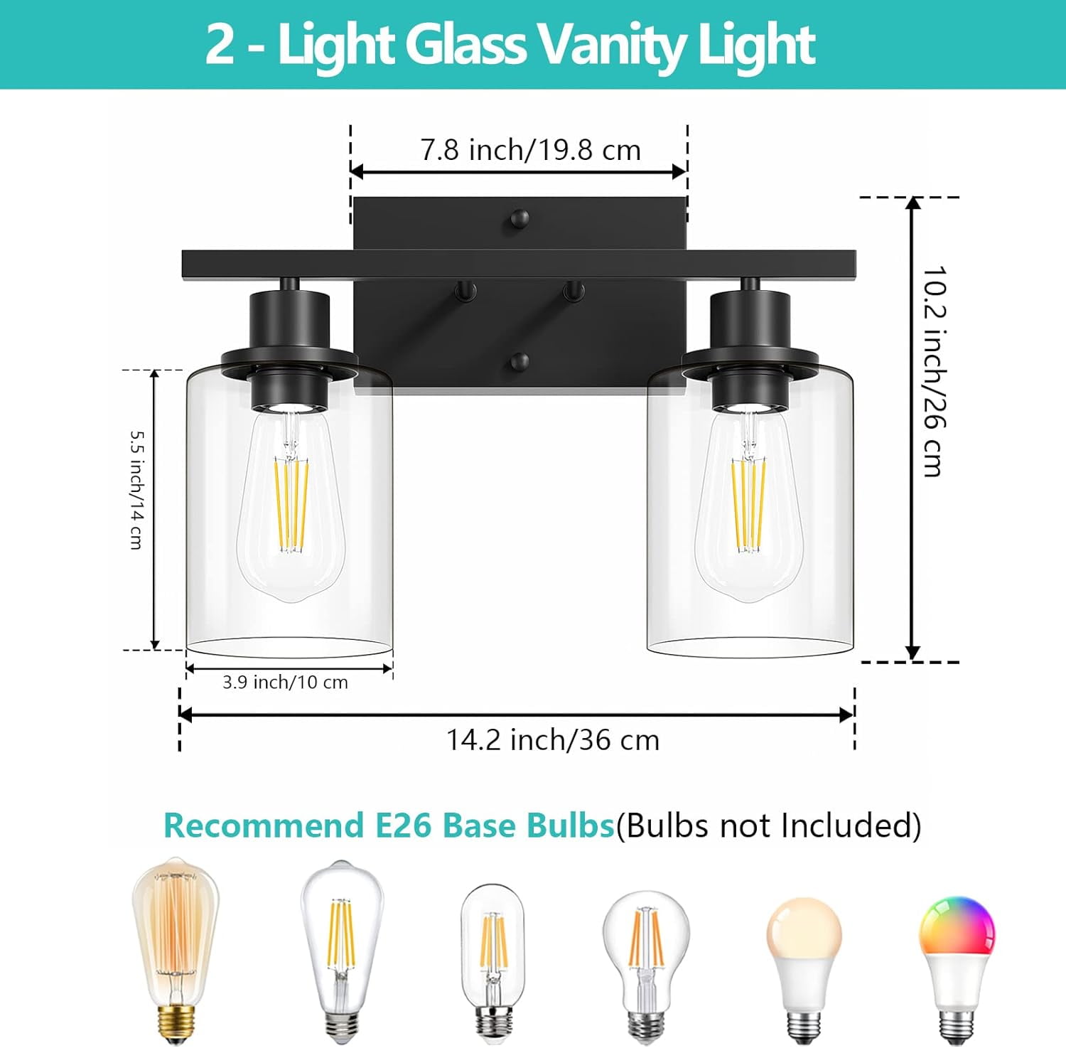 2-Light Black Bathroom Light Fixture, Vanity Light Over Mirror with Clear Glass Shade, Bathroom Wall Sconces Lighting for Bedroom, Living Room, Hallway, E26 Base (Bulbs Not Included)