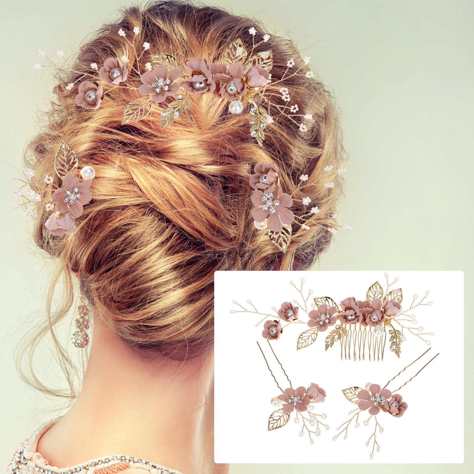 Wedding Hair Comb Blue Pink Flower Bridal Pearl Hair Accessories