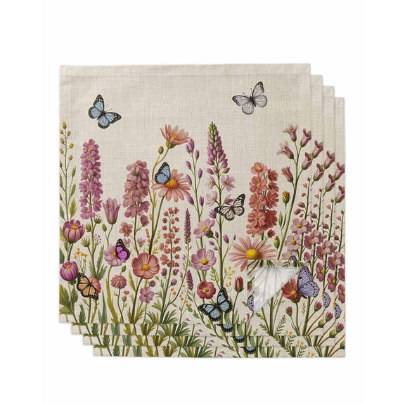 Spring Floral Cloth Napkins Set of 4 Reusable Dinner Napkins, Watercolor Lavender Daisy Butterflies Beige Cocktail Napkin Washable Table Napkins for Wedding/Holiday Party/Baby Shower 20"x20"