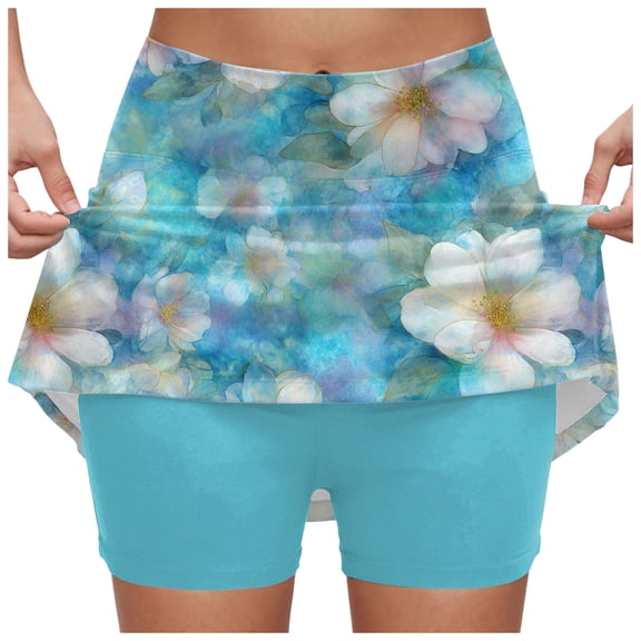 vigerkar Athletic Skorts Women with Pockets Size High Waist Golf Tennis Skirt Tummy Control Summer Floral Print Short (Sky Blue, XXL)