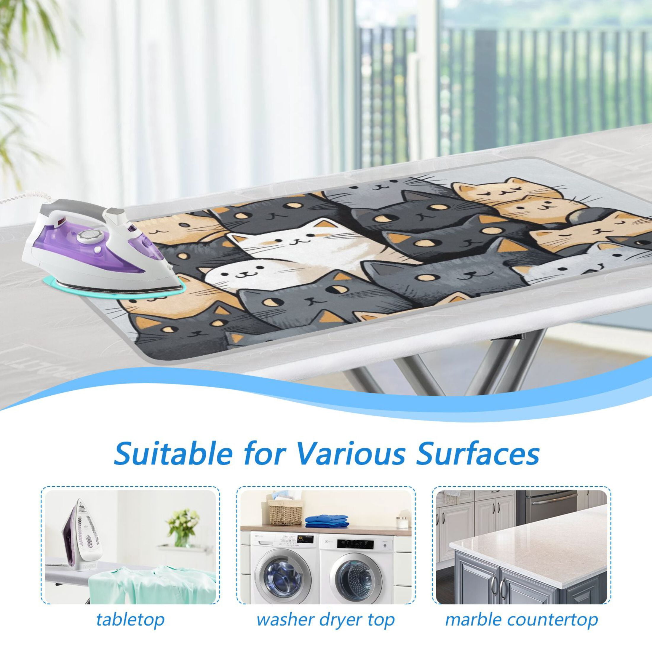 Brown Black Cute Cat Ironing Mat Blanket for Table Top Travel Portable Ironing Board Pad 47.2x27.6 Inch