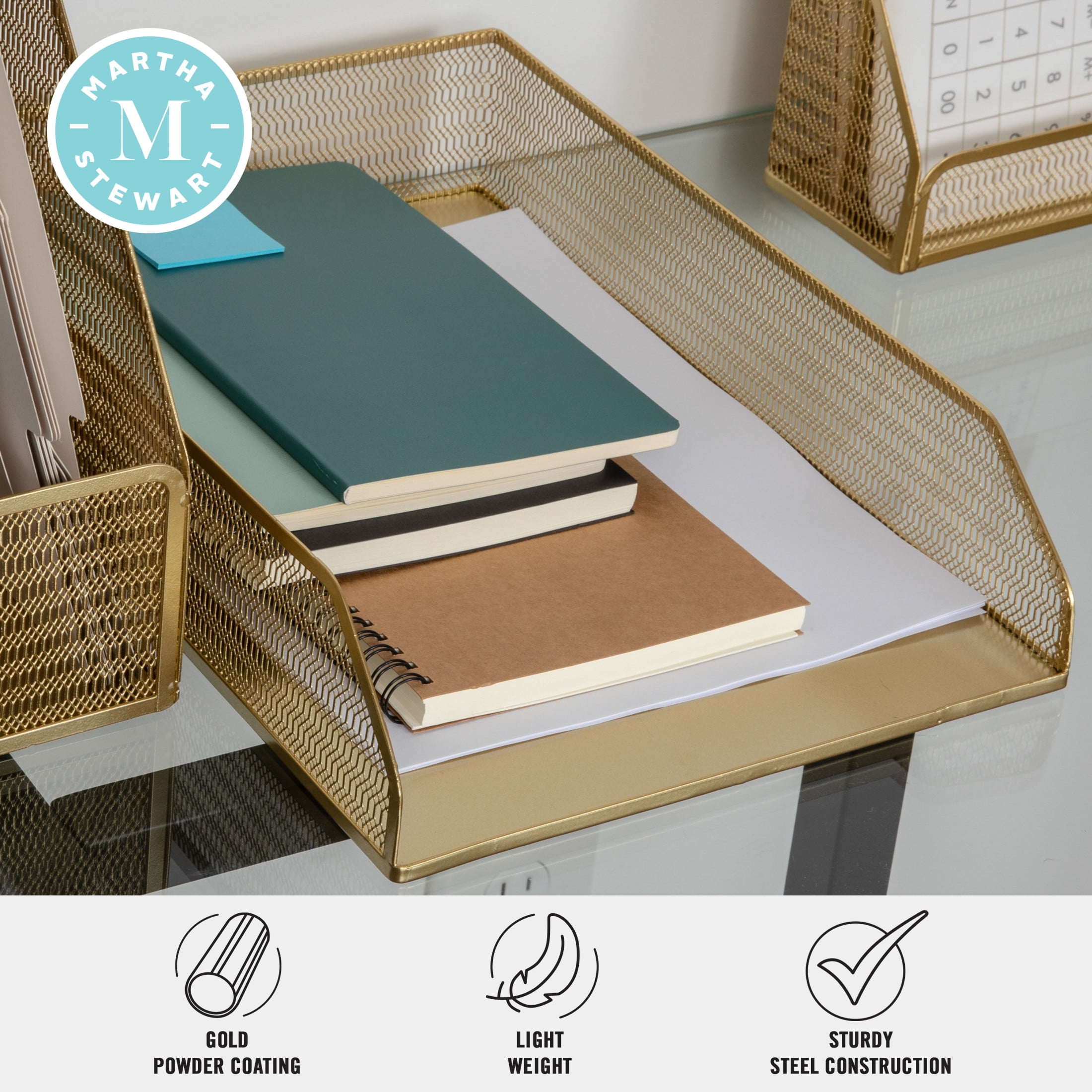 Martha Stewart Ryder 2 Pack Gold Mesh Metal Paper Letter Inbox Tray Desktop Organizer