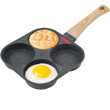 4 Hole Nonstick Egg, Hamburger, Pancake, Crepes Frying Pan with Wooden Handle, Gas & Induction Stove Safe