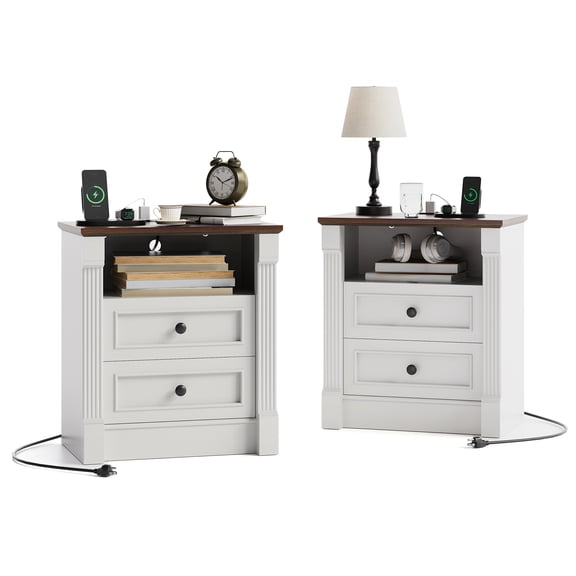 Farmhouse Bedside Table with Charging Station, 2 Drawers & Open Shelf, Roman Column Design, Rustic White Wood Bedside/End Table – 23.6" Wide
