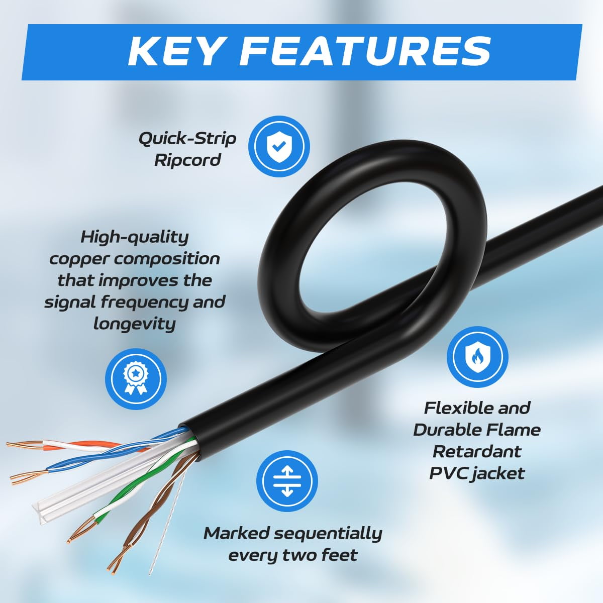Cables Direct Online 1000FT Cat6 Solid Bare Copper 23AWG Bulk Ethernet Cable, CMR ETL Riser, 550MHz POE (Power Over Ethernet) Wire – Black