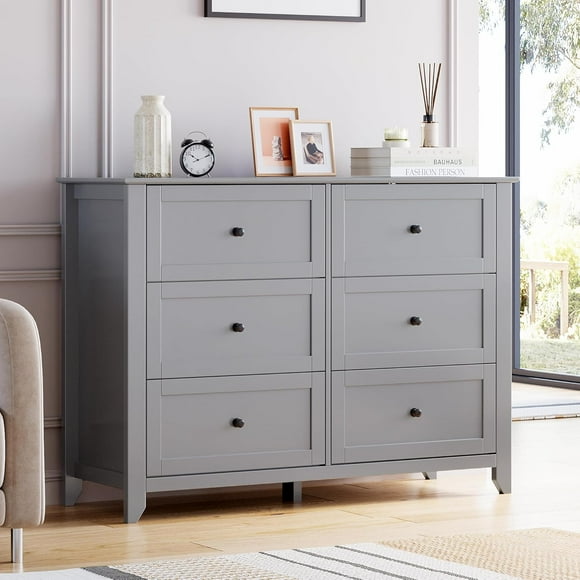 6 Drawers Dresser for Bedroom, Farmhouse Wood Dressers & Chest of Drawers for Clothes, Tall Storage Dressers Organizer with Deep Drawers & Gold Handles for Living Room, Closet, Hallway, Grey
