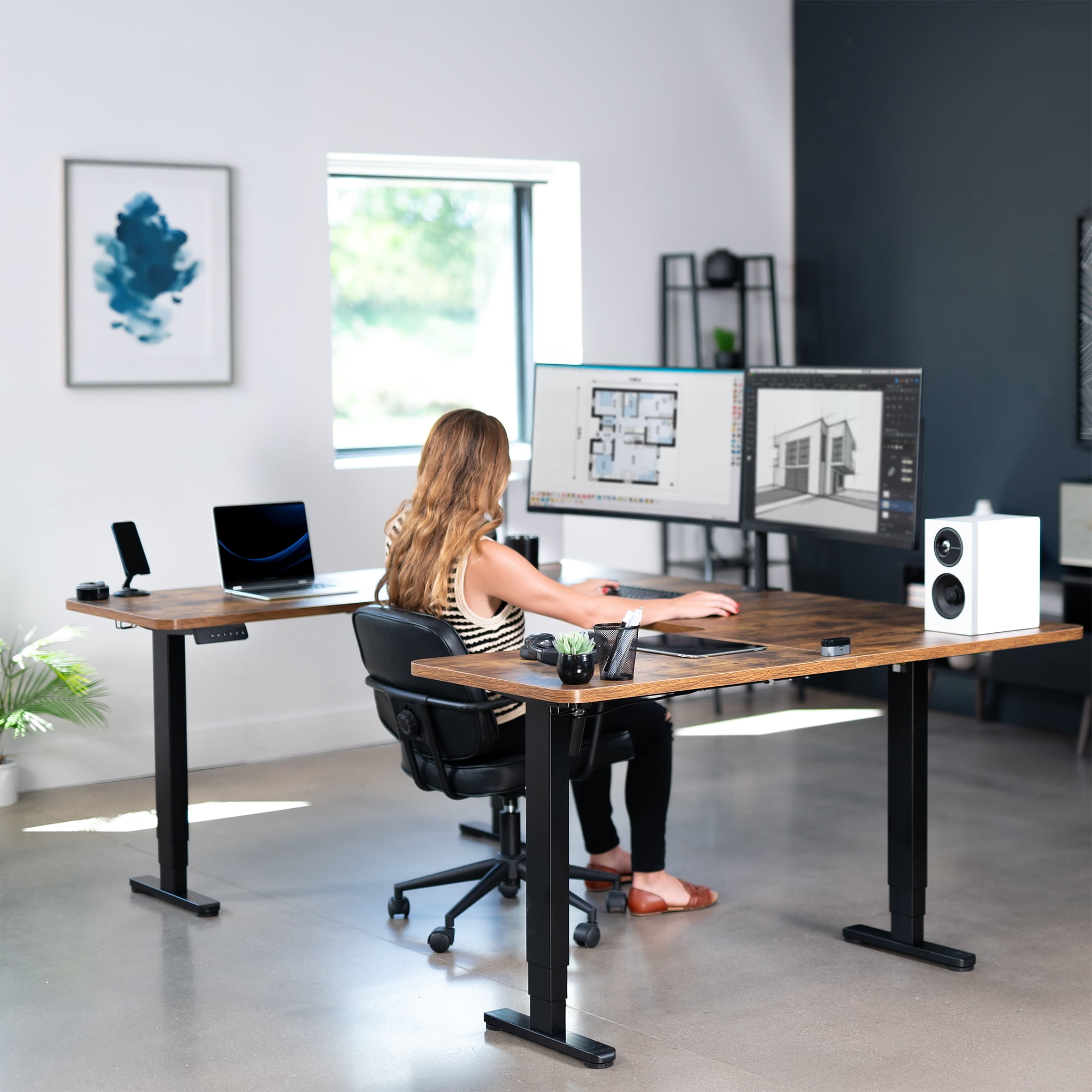 VIVO Vintage Brown/Black U-Shaped 83"x60" Height Adjustable 4-Leg Electric Desk