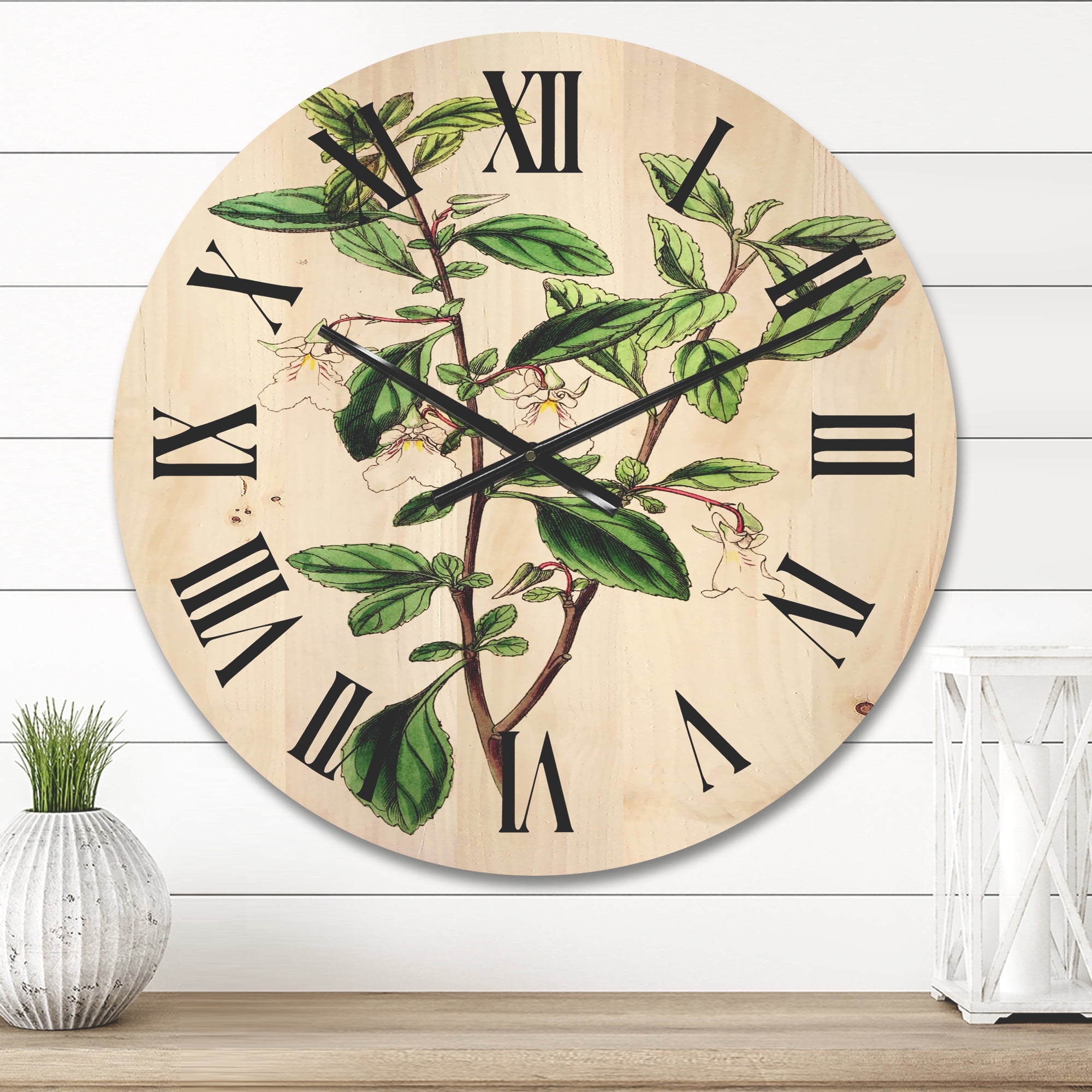 Designart 'Ancient Green Leaves Plants VII' Traditional Wood Wall Clock