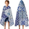 thumbnail image 3 of Blue Ethnic Floral Patchwork Pattern Hooded Bath Towel，60"x35" for Ages 3 To 12 Kids, Quick Dry Lightweight Soft Microfiber Hood Beach Towel Cover Up for Kids, 3 of 7