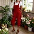 thumbnail image 2 of RYDCOT Women's Summer Faux Linen Short Overalls Casual Bib Overall Knee Length Rompers with Pockets Red, 2 of 7