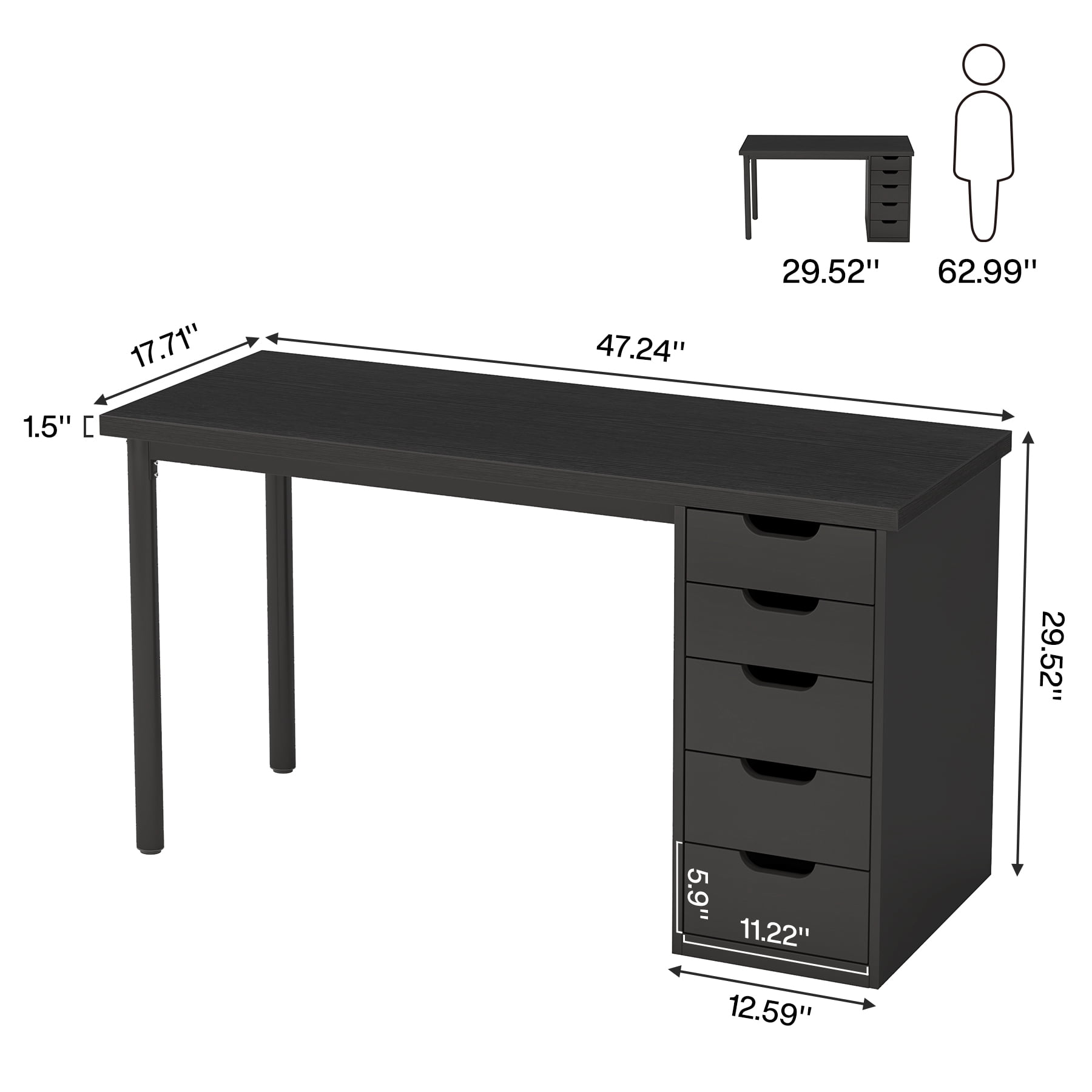 Fnova 47.24" Computer Desk with 5 Drawers, Reversible File Cabinet, Writing Workstation for Home Office Bedroom Study Makeup Vanity Desk Furniture