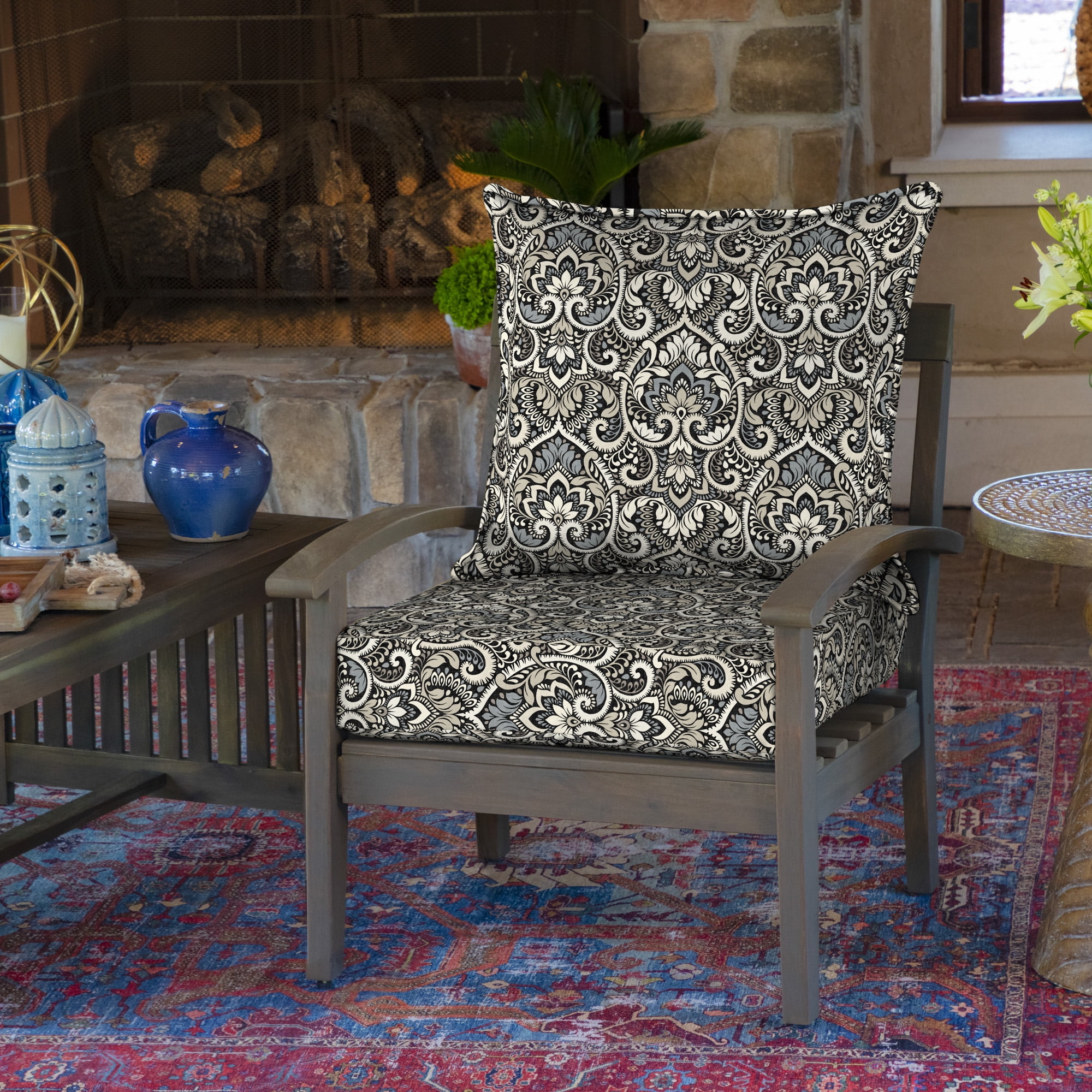 ARDEN Outdoor Foam Deep Seat Cushion Set, 24 in x 24 in, Weather-Proof, Rain-Proof, Fade Resistant Patio Cushion, Bottom and Back Cushion for Chair, Sofa, and Couch Black Aurora Damask