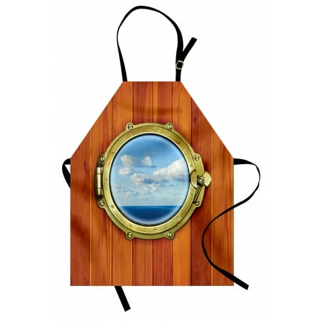 

Nautical Apron Porthole on Wooden Background Window Ship Old Sailing Vessel Print Unisex Kitchen Bib Apron with Adjustable Neck for Cooking Baking Gardening Dark Orange Gold Pale Blue by Ambesonne