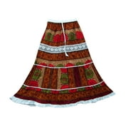 Mogul Womens Peasant Skirt Brown Printed Cotton Long Maxi Skirt