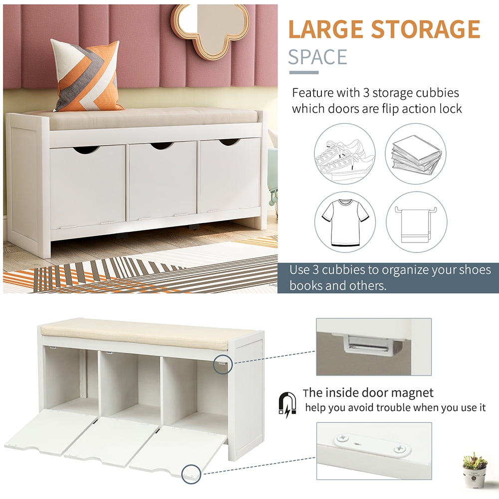 Lowestbest Home Classic Solid Pine Storage Bench, 3-Cube Organizer Storage Bench with Removable Cushion for Living Room, White Lowestbest Home Classic Solid Pine Storage Bench, 3-Cube Organizer Storage Bench with Removable Cushion for Living Room, White
