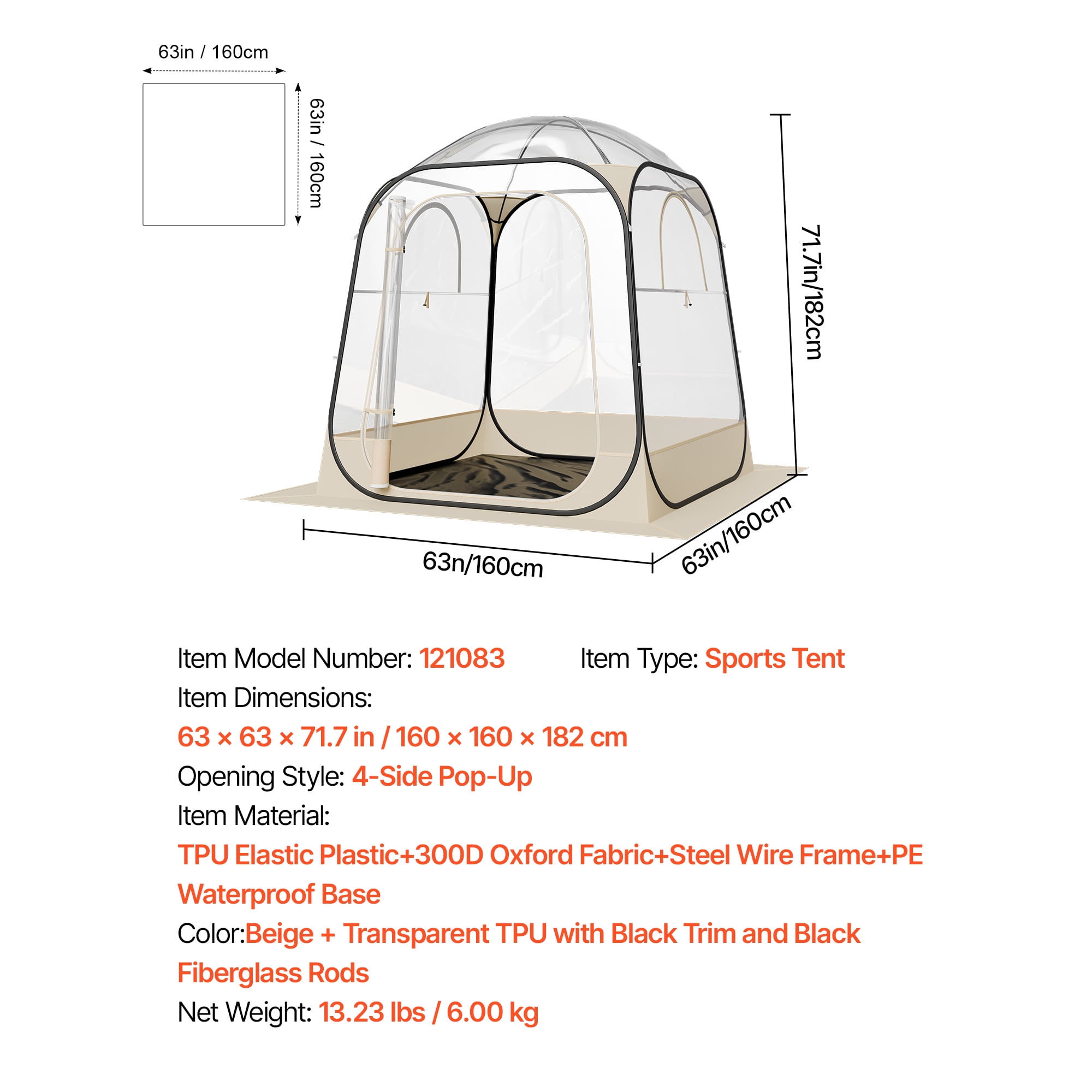 KFFKFF Pop-Up Sports Tent, 63x63 in Clear Outdoor Shelter for 2-4 People, Waterproof Pod with Floor Mat & Top Cover, Garden Dome Tent for Camping, Events, Fishing, and Outdoor Activities