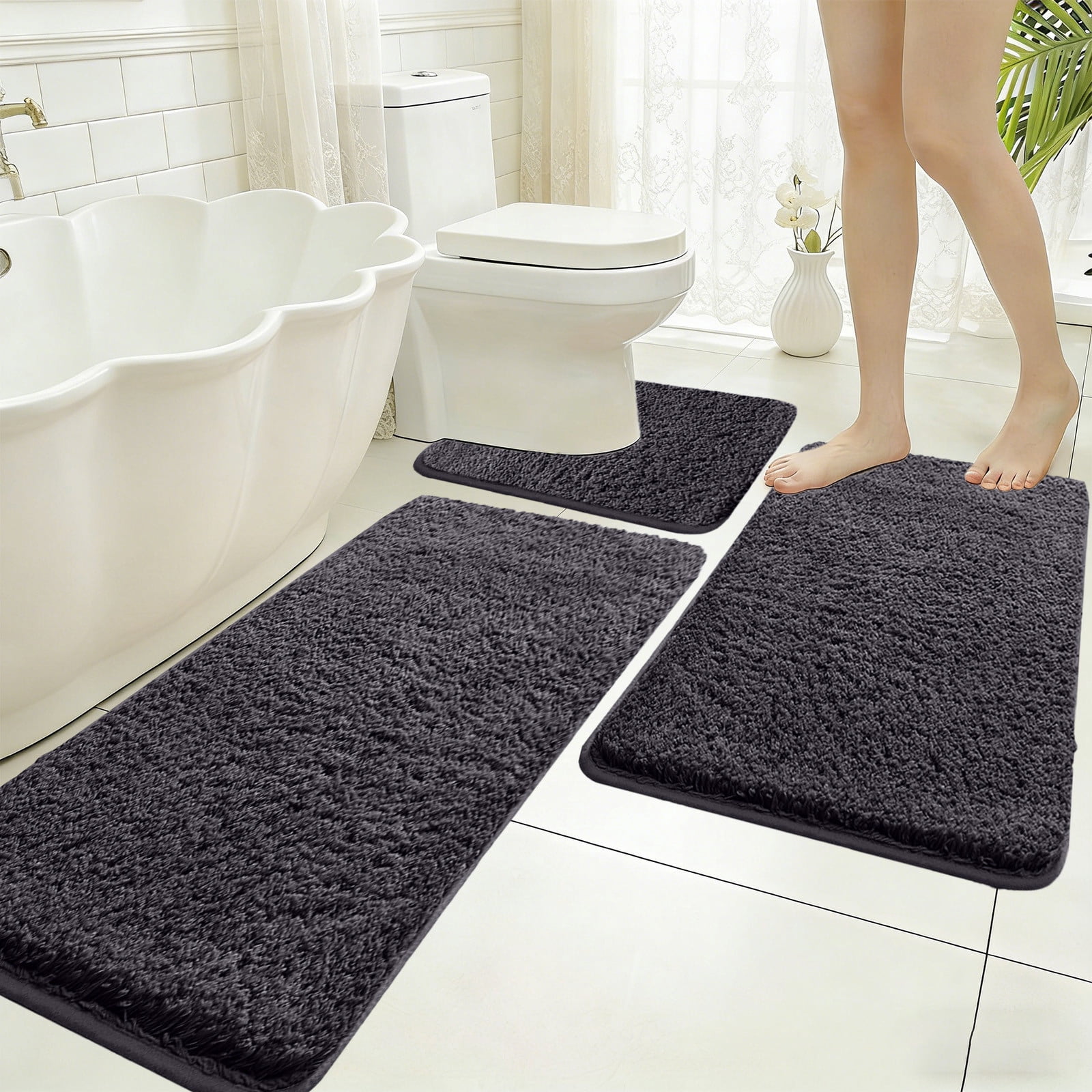 Tuvgenk Non Slip Bathroom Rug Set 3 Piece Water Absorbing Bath Rug Sets 3 Large Bath Mat Sets for Bathroom Floor(Black,31x16 inch,24x16 inch,20x16 inch)