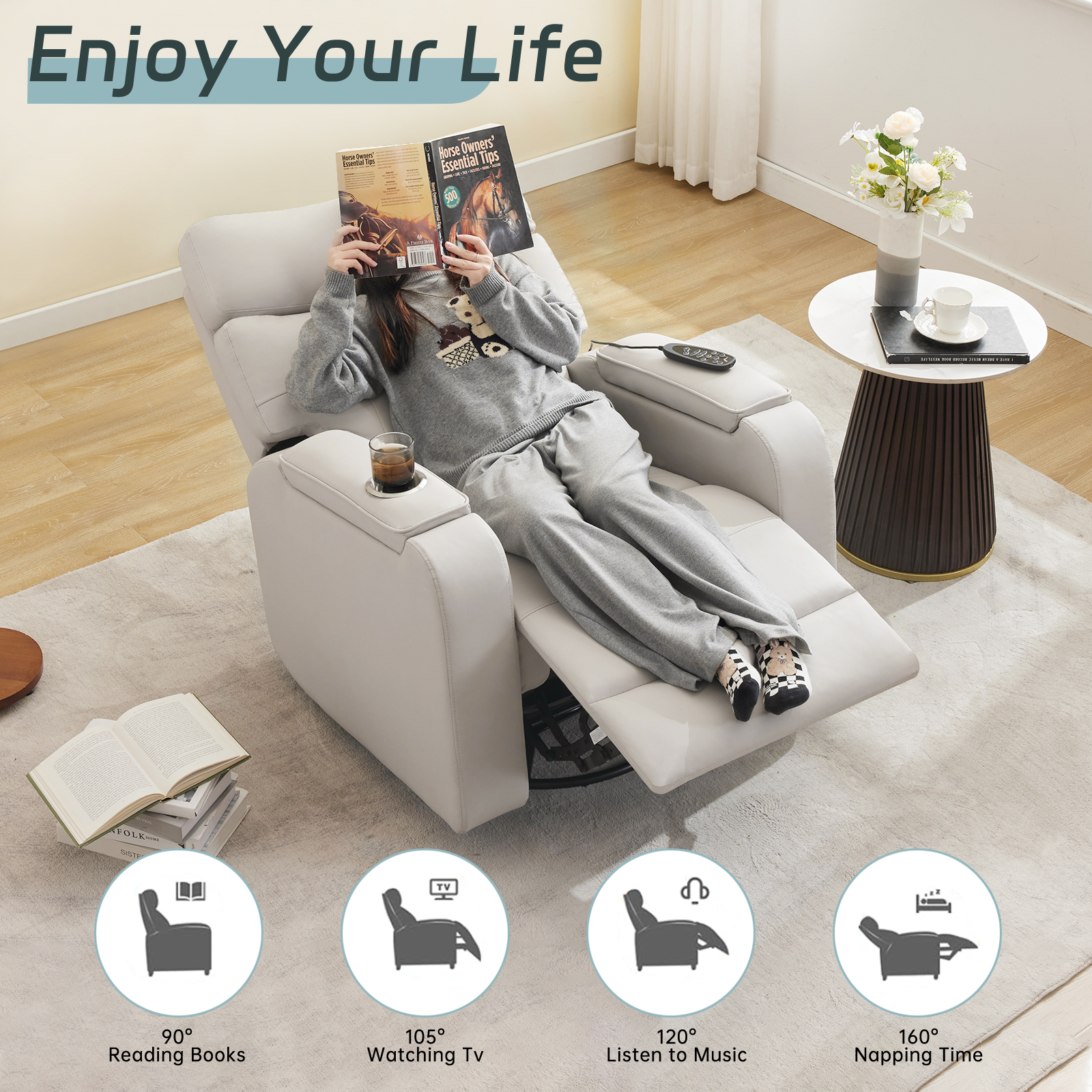 Aemeios Swivel Power Recliner Chair with Massage and Heat, Single Timing Massage Rocking Chair with USB Port and Cup Holders, Rocker Sofa with Storage Space for Living Room Home Theater, Light Gray