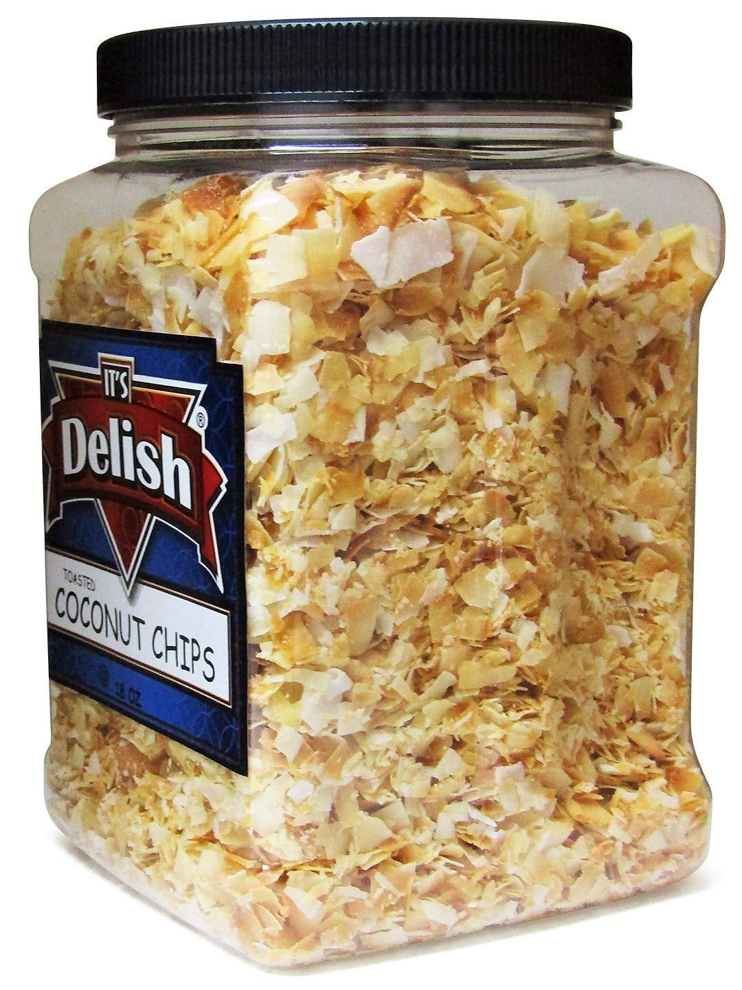Gourmet Toasted Sweetened Coconut Chips by Its Delish - 18 Oz Jumbo Reusable Container Jar - Healthy Creative Snacks Favorite Food Crunch - Great For Snacking, Baking and Decorating