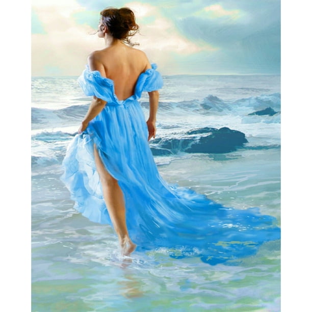 Kits de costura de algodón Conjunto de Bordado completo de punto de cruz impreso de niña de la playa DIY Wdftyju