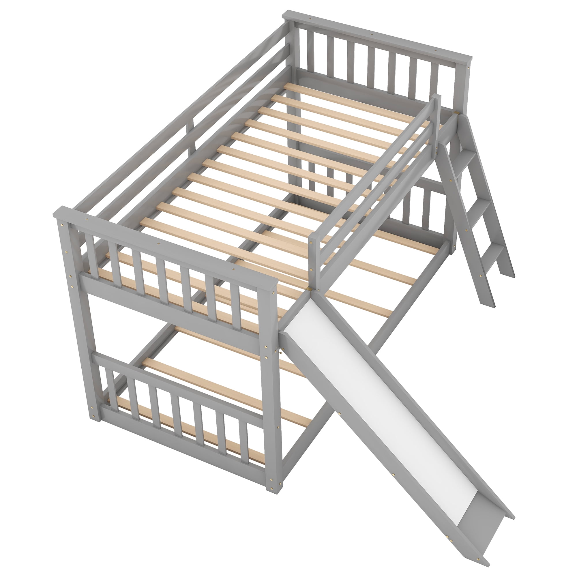 Euroco Twin over Twin Floor Bunk Bed with Slide and Ladder, Interchangeable Ladder and Slide for Kids Teens Adults, Gray