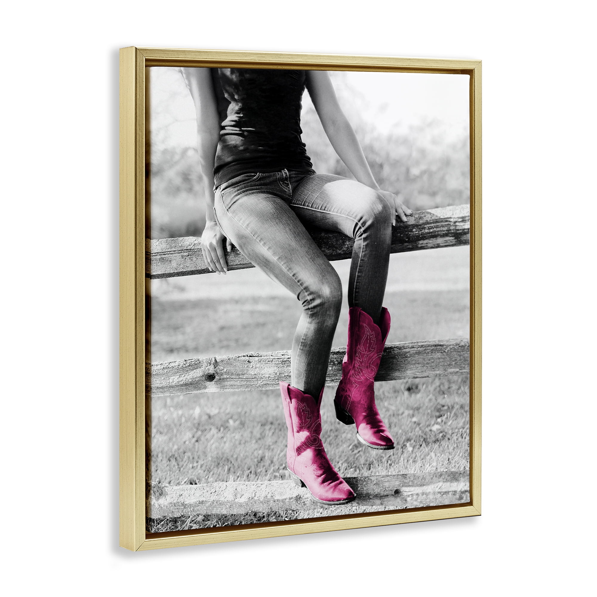 Stupell Industries Glam Cowgirl in Boots Novelty Painting Gold Floater Framed Canvas Art Print Wall Art, 17 x 21