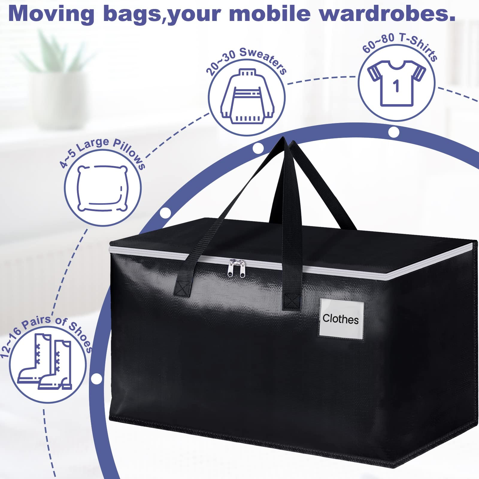 8 Pack Totes for Storage Large Moving Bags Heavy Duty, Moving Boxes with Zippers Top and Sturdy Handles, Dorm Storage Bags for Space Saving and Packing,Collapsible Moving Supplies(Black,93L)