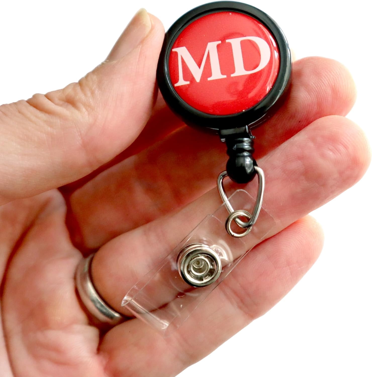 2 Pack - MD Badge Buddy Reels with Alligator Clip - Swivel Retractable Reel MD Badge Holder & Title Card in One - Medical Doctor Retractable Hospital I'd Role Dome Label by Specialist ID (Red)