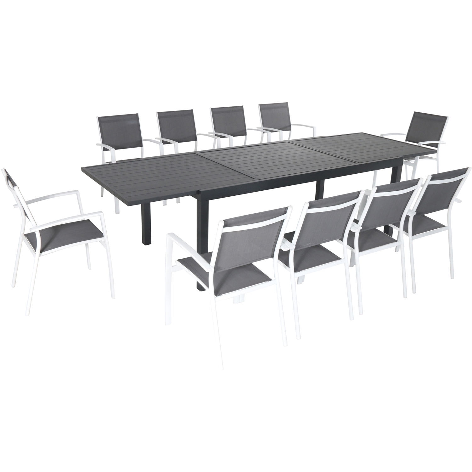 Naples 11 Piece Outdoor Dining Set W 10 Sling Chairs In Gray White And 40 X 118 Expandable Table