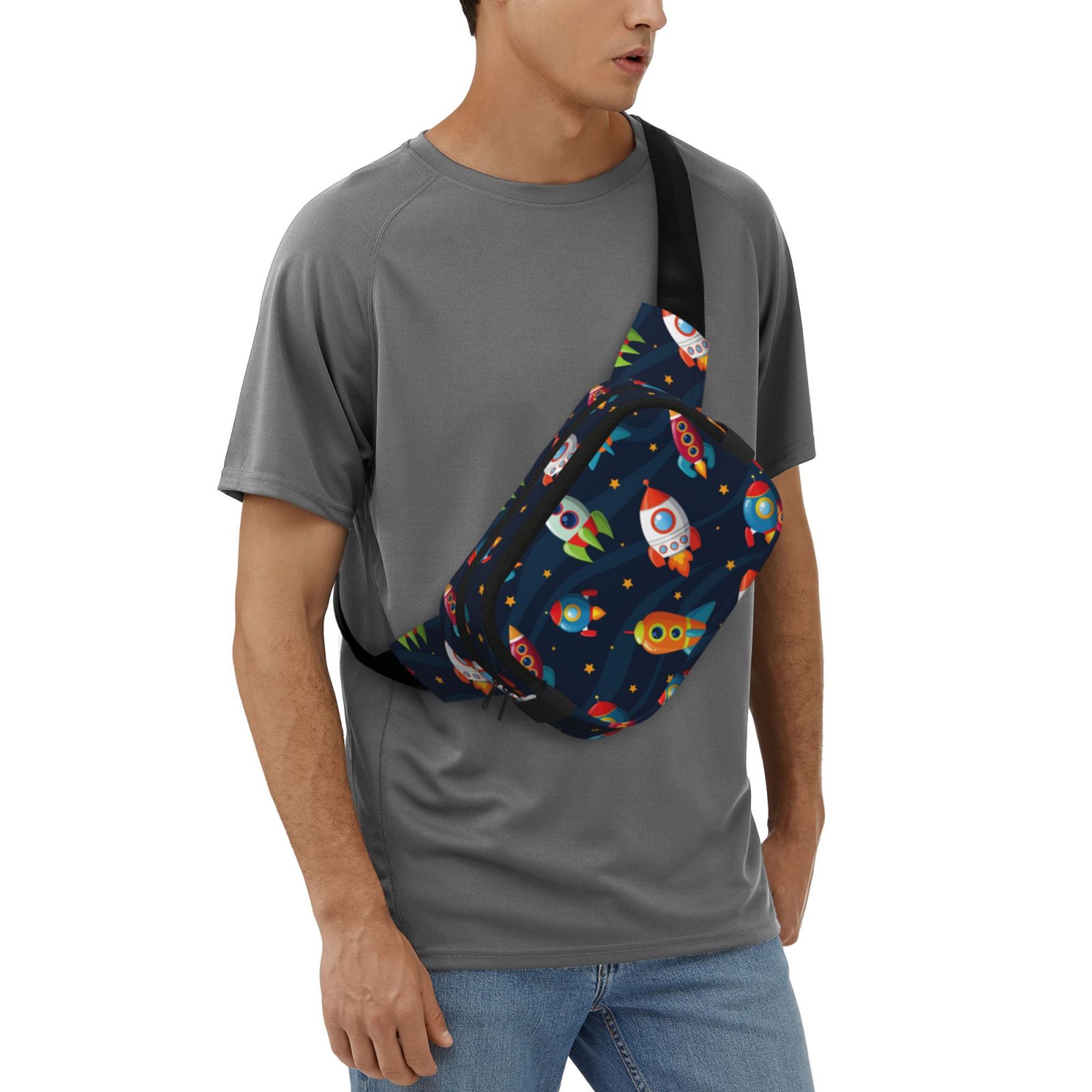 Picia Spaceships and Stars Print Square Double-Layer Waist Bag Mini Adjustable Waist Belt Bag Exercise Running Travel Hiking