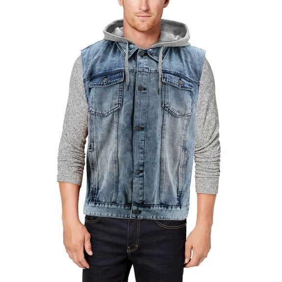 Men's Faded Wash Cotton Blend Button Up Drawstring Hood Denim Jean Vest (Blue, 3XL)