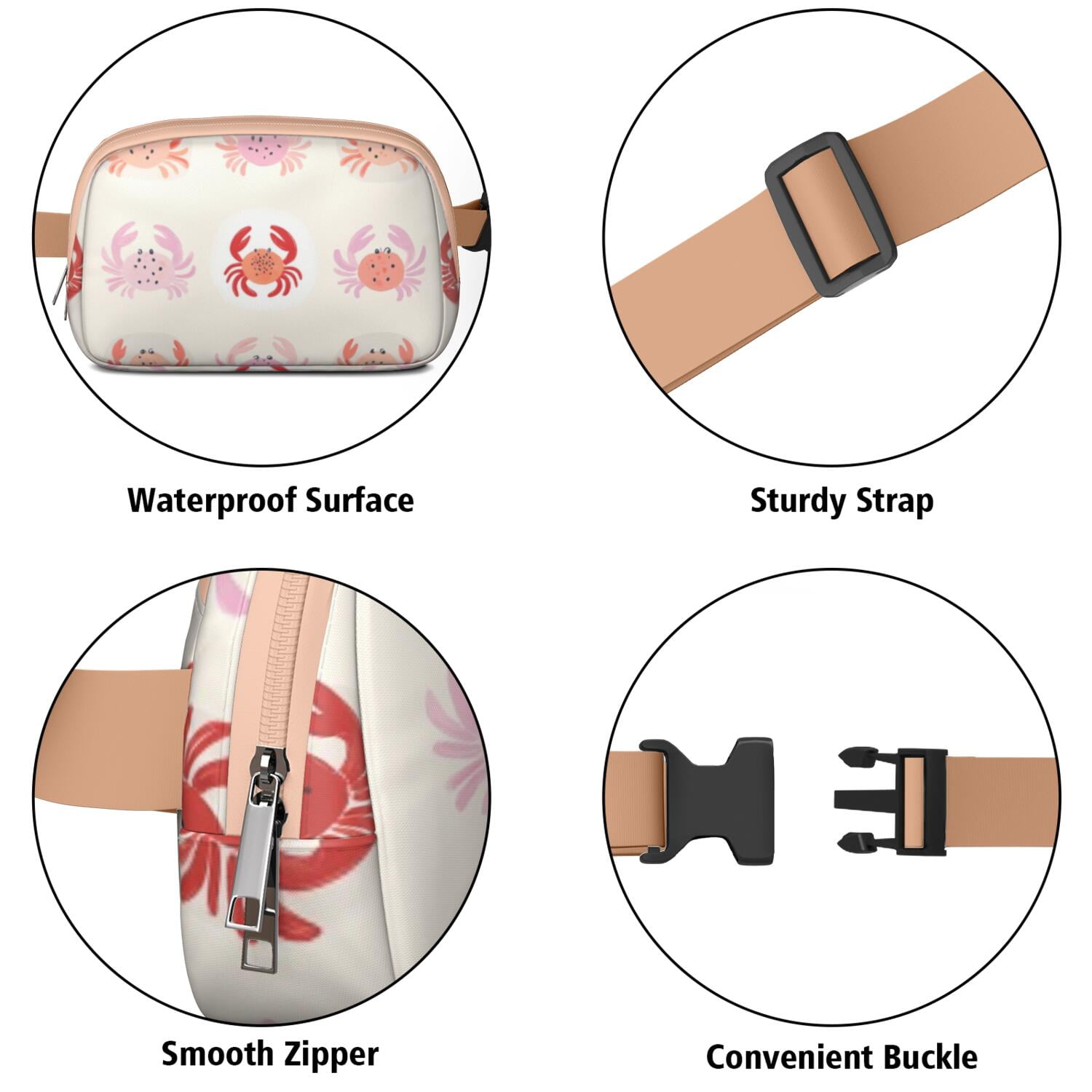 Waist Packs Bag Marine Adorable Crab Fashion Belt Bag Small Cross Body Bags for Women Casual Waist Packs with Adjustable Strap Waterproof Belt Bag for Daily Leisure Music Festival/Event