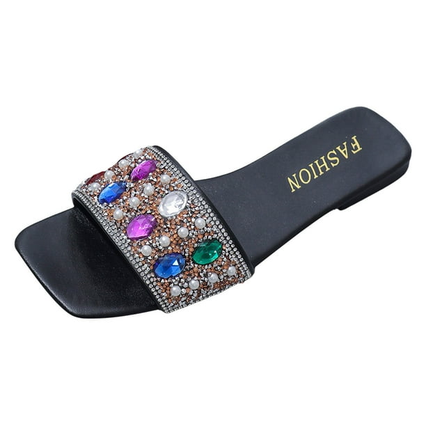 Bmisegm Women Sandals Fashionable New Pattern Simple Bright Diamond Decoration Open Toe Breathable Flat Bottom Comfortable Non Slip Casual Shoes Womens Sandals Summer Black 8.5