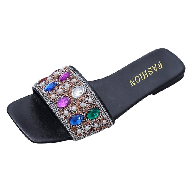 Bmisegm Women Sandals Fashionable New Pattern Simple Bright Diamond Decoration Open Toe Breathable Flat Bottom Comfortable Non Slip Casual Shoes Womens Sandals Summer Black 7