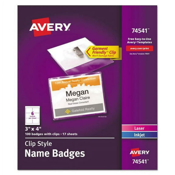 Avery Clip-Style Name Badge Holder with Laser/Inkjet Insert, Top Load, 4 x 3, White, 100/Box
