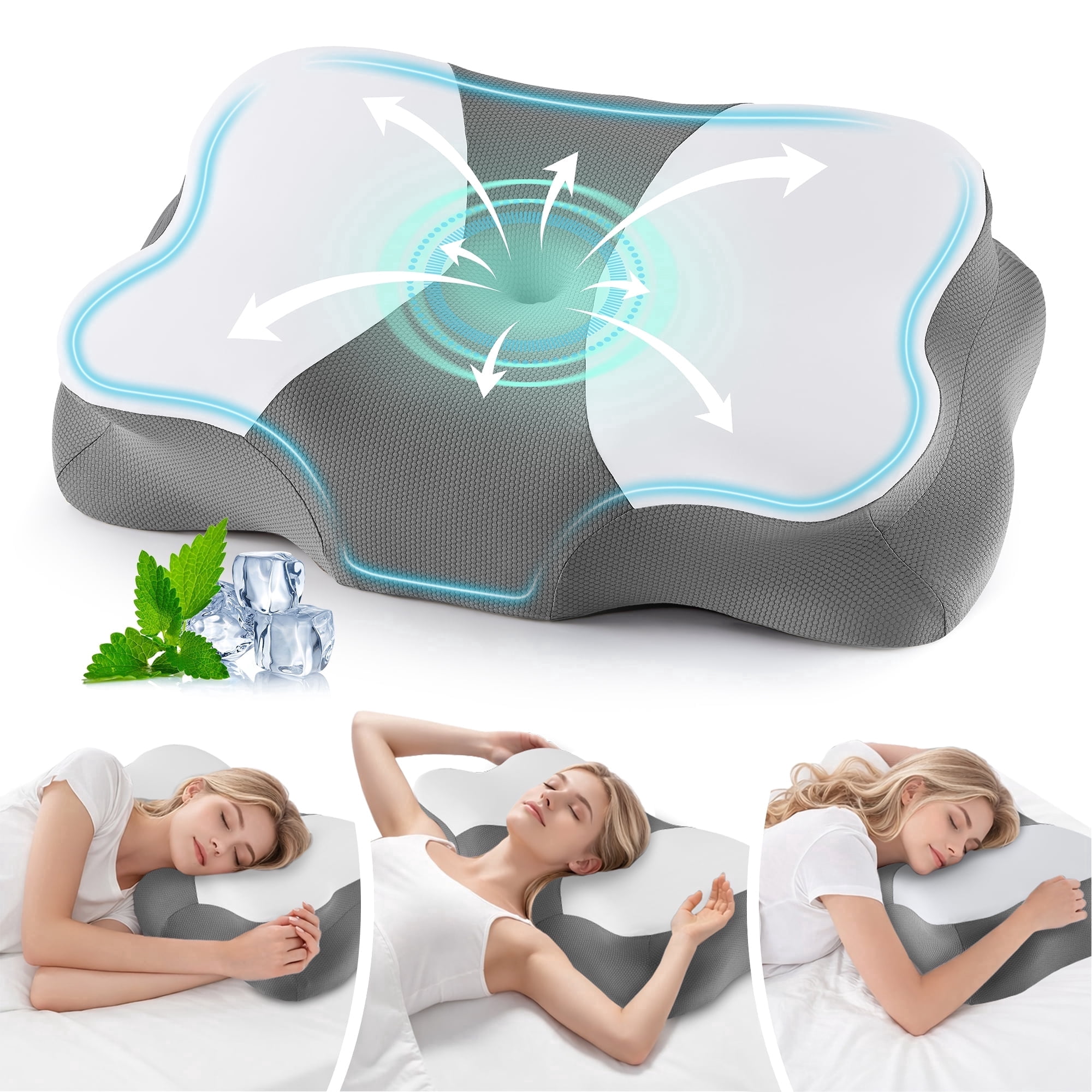 KAIPARA Memory Foam Cervical Pillow for Sleeping, Ergonomic Butterfly Contour Bed Pillow with Cooling Ice Silk Cover for Side, Back & Stomach Sleepers, Grey & White