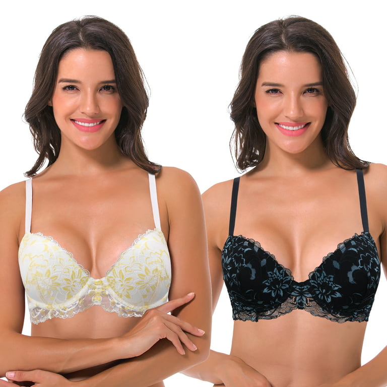 Curve Muse Women's Underwire Plus Size Push Up Add 1 and a Half Cup Lace  Bras-2PK-Black/Blue,White/Yell-36DD