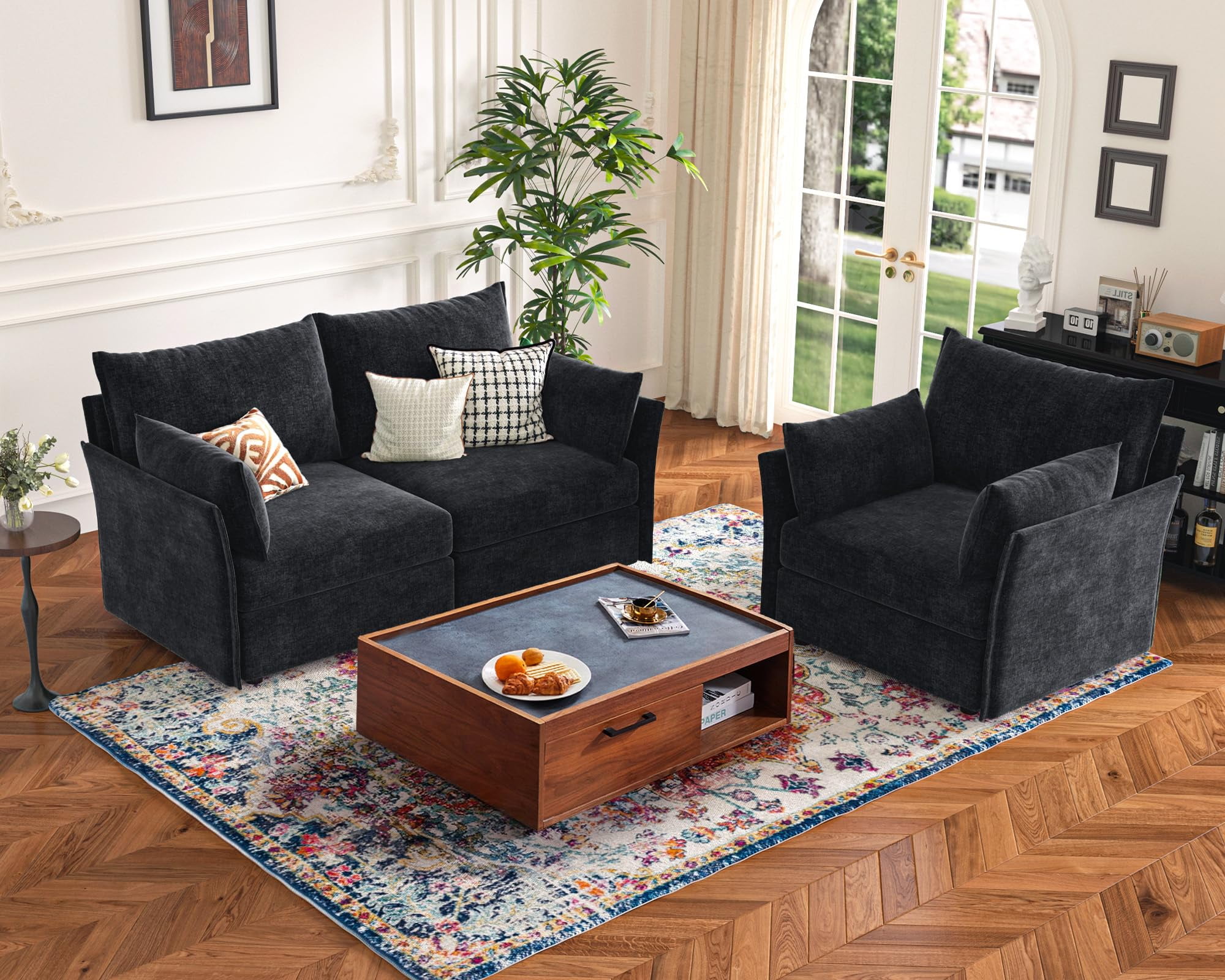 CDCASA Modern Loveseat Sofa, 2 Seater Chenille Sectional Sofa Couch with Deep Seat, Upholstered Couches for Living Room, Black