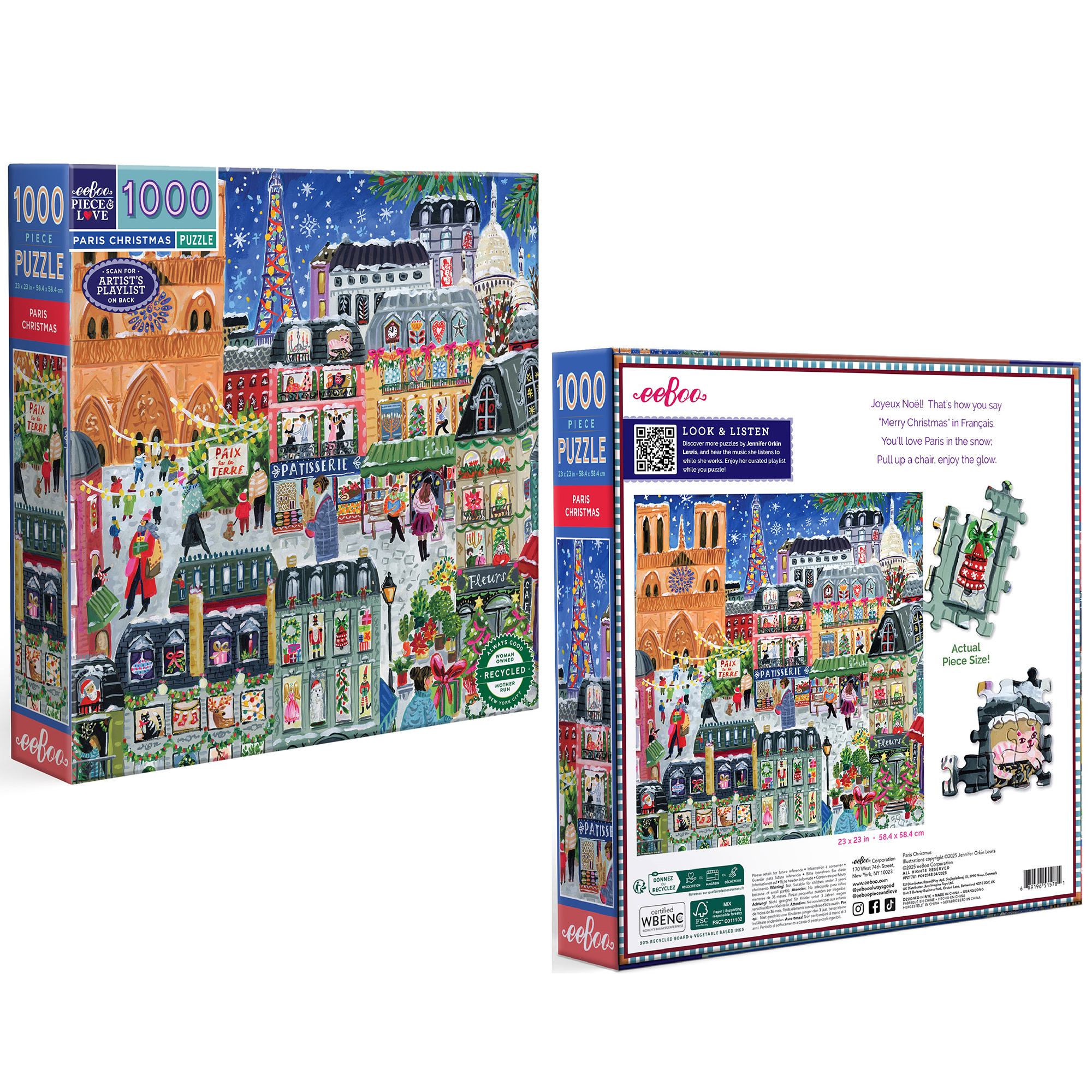 eeBoo Piece & Love: Paris Christmas - 1000 Piece Puzzle - 23" Adult Jigsaw, Jennifer Orkin Lewis’ Festive City of Lights Holiday Scene, Eco-Friendly
