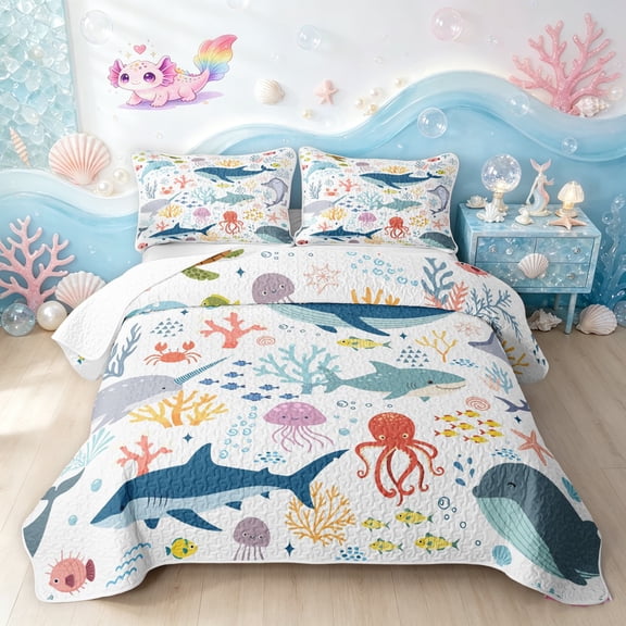 Manfei Cartoon Sea Shark Twin Quilt Set, Undersea Animal Twin Coverlet Set, White Blue, 2-Piece, 1 Bedspread and 1 Pillowcase