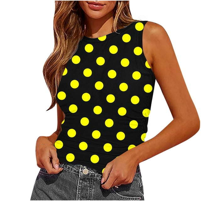 Plebaso Débardeurs d'Été pour Femmes Slim Imprimé Sans Manches Col Rond Tee-Shirts Froncés Blouses Décontractées pour Femmes