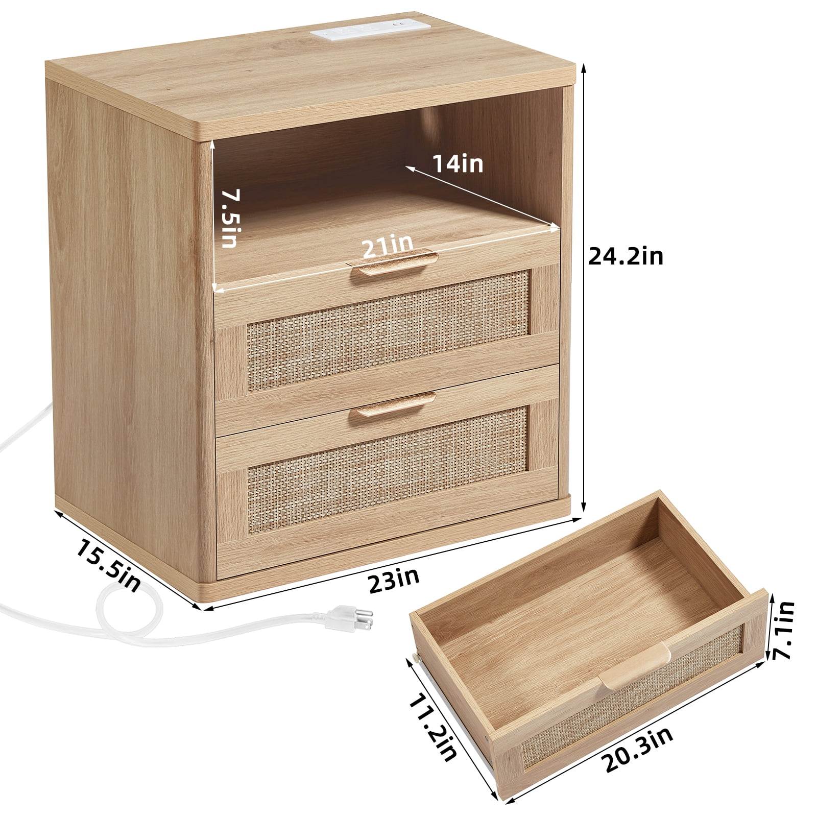 Rattan Nightstand Set of 2, Farmhouse Bedside Tables Night Stands with 2 Drawer and a Storage Shelf, Boho Side Tables for Living Room,Bedroom, Natural Wood