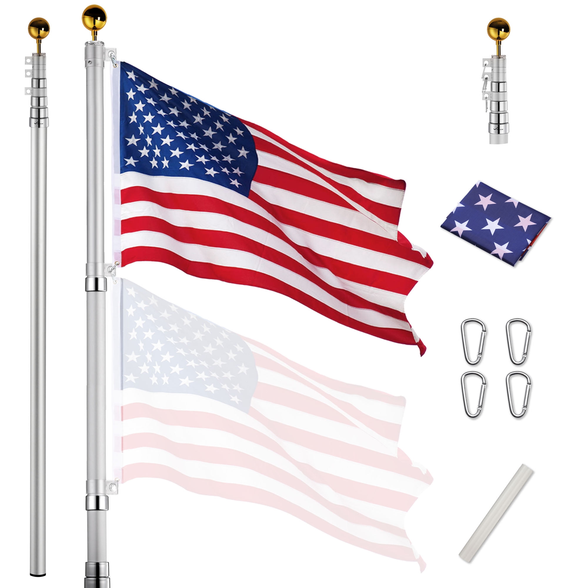 20ft Heavy Duty 16 Gauge Aluminum Telescopic Flagpole Set with 3x5 US American Polyester Flag & Golden Ball Topper for Residential Outdoor or Commercial,Can Fly 2 Flag Telescoping Flag Pole Kit 
