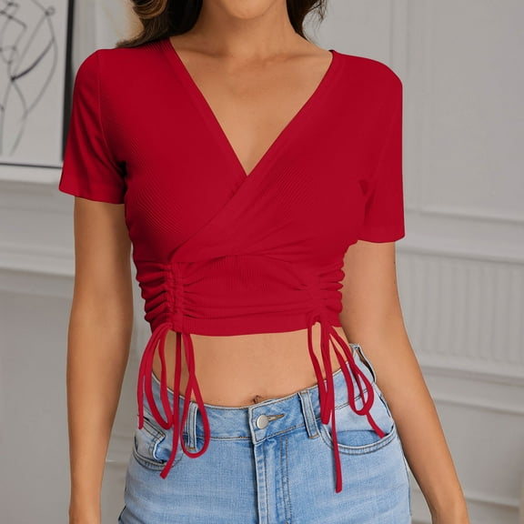 ALLLIST Womens Tops Crop Short Sleeve Summer Blouse Solid Red Trendy With Drawstring Pullover Ladie's Tops