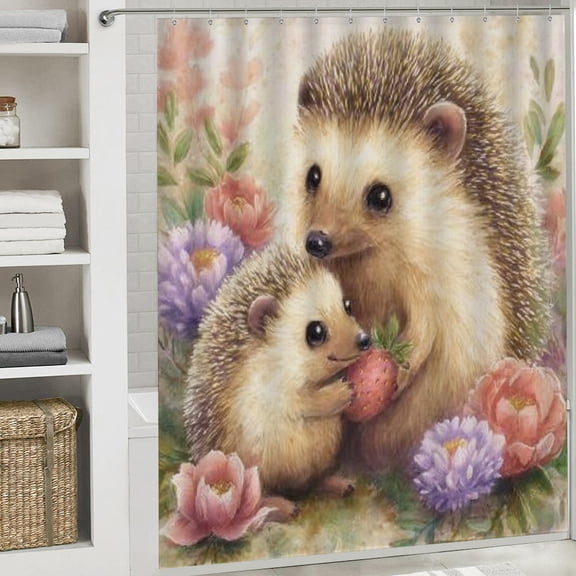 RKSupls Christmas Shower Curtain, Cute Hedgehog Shower Curtain with Hooks for Christmas New Year Home Bathroom Decor Washable Curtains, 72x72 in