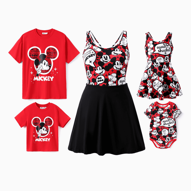 Disney Disney Mickey et Ses Amis Assorti pour la Famille 1 Pce Mickey Mouse T-shirt en Coton à Graffiti Ou Robe à Blocs de Couleur Ou Barboteuse NaiaTM Intégrale