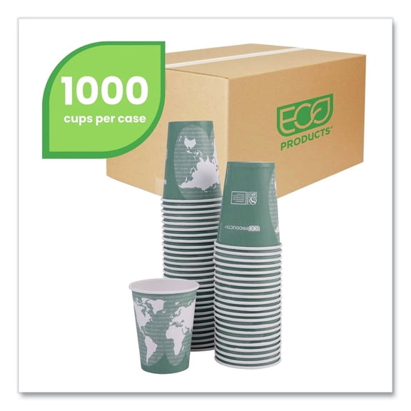 Eco-Products World Art Disposable Hot Coffee Cup, Eco-Friendly Compostable PLA Lined Take Out Paper Cup, 12 fl oz, Case of 1000