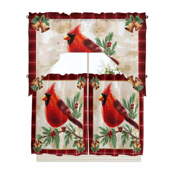 Christmas Cardinal Kitchen Curtains Swag Valance and Tier Curtains Set 36 Inch Length, Winter Red Bird Vintage Xmas Berry Leaf Rod Pocket Drape Panels Pair Swag Curtains for Bathroom/Cafe/Window