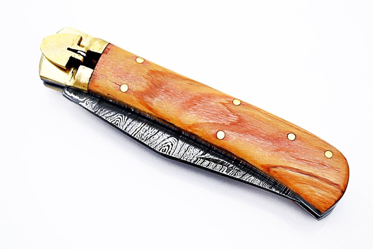 Olive Wood Handle Damascus Lever Lock Knife